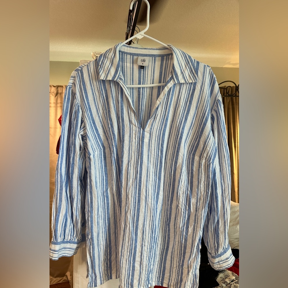 Cabi blue and white linen blouse.